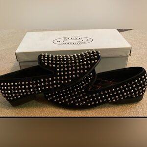 Steve Madden - Black Suede Sliver Metal Spike Studded Slip-On Loafer Shoes - 9